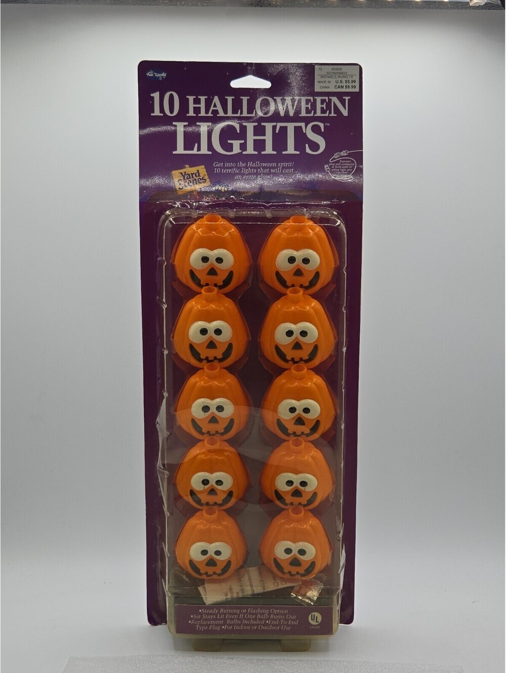 VINTAGE FUN WORLD HALLOWEEN SET OF 10 WHITE-EYED JACK-O'-LANTERN STRING LIGHTS